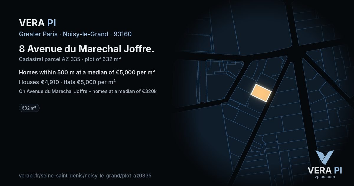 8 Avenue du Marechal Joffre, Noisy-le-Grand at night – the plot lit, the parcels around coloured by the prices near them