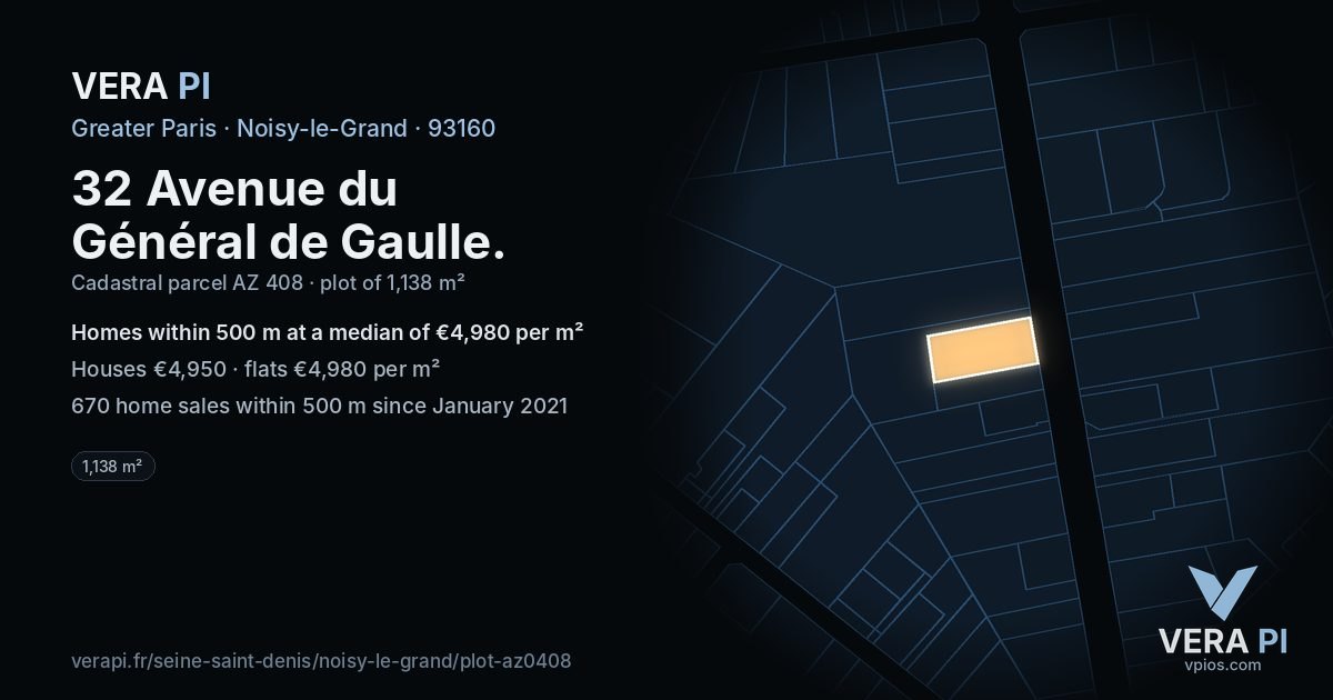 32 Avenue du Général de Gaulle, Noisy-le-Grand at night – the plot lit, the parcels around coloured by the prices near them