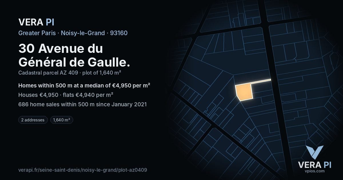30 Avenue du Général de Gaulle, Noisy-le-Grand at night – the plot lit, the parcels around coloured by the prices near them