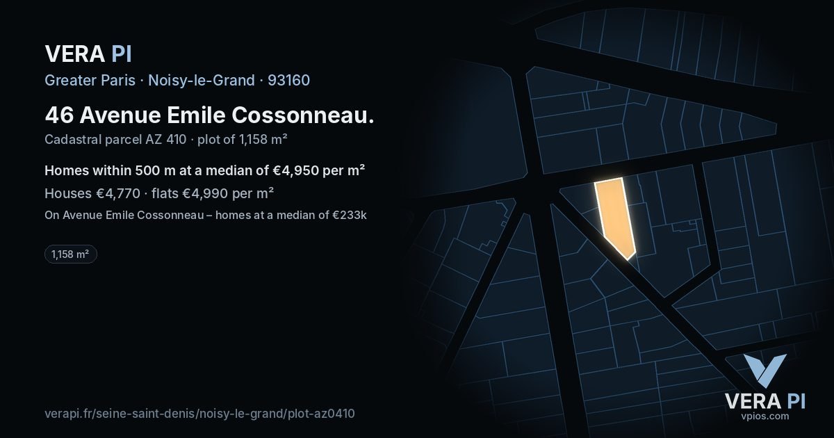 46 Avenue Emile Cossonneau, Noisy-le-Grand at night – the plot lit, the parcels around coloured by the prices near them
