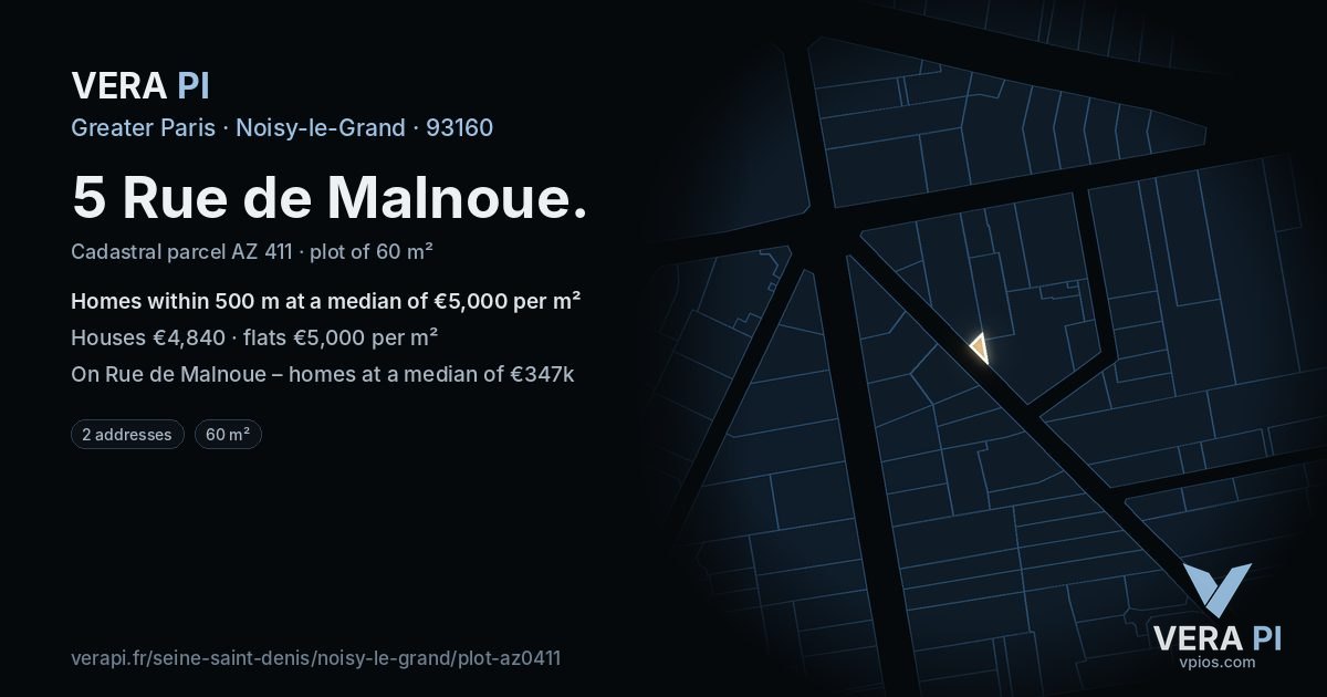 5 Rue de Malnoue, Noisy-le-Grand at night – the plot lit, the parcels around coloured by the prices near them