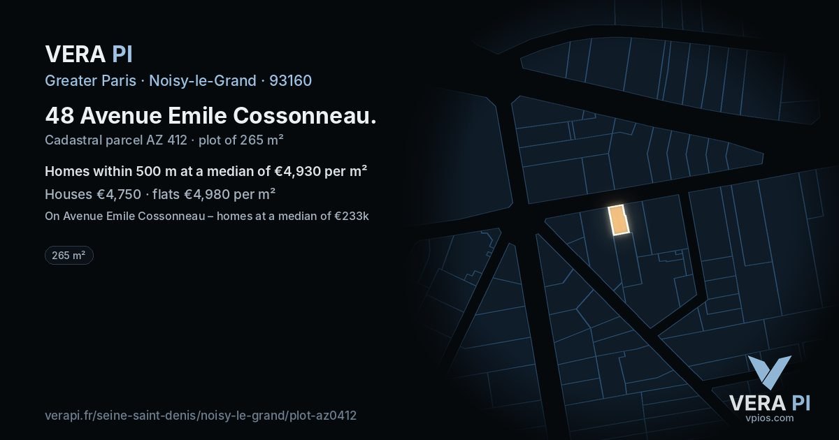48 Avenue Emile Cossonneau, Noisy-le-Grand at night – the plot lit, the parcels around coloured by the prices near them