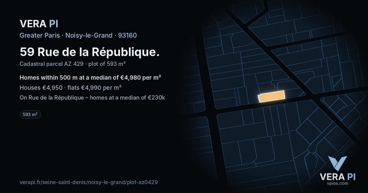 59 Rue de la République, Noisy-le-Grand at night – the plot lit, the parcels around coloured by the prices near them