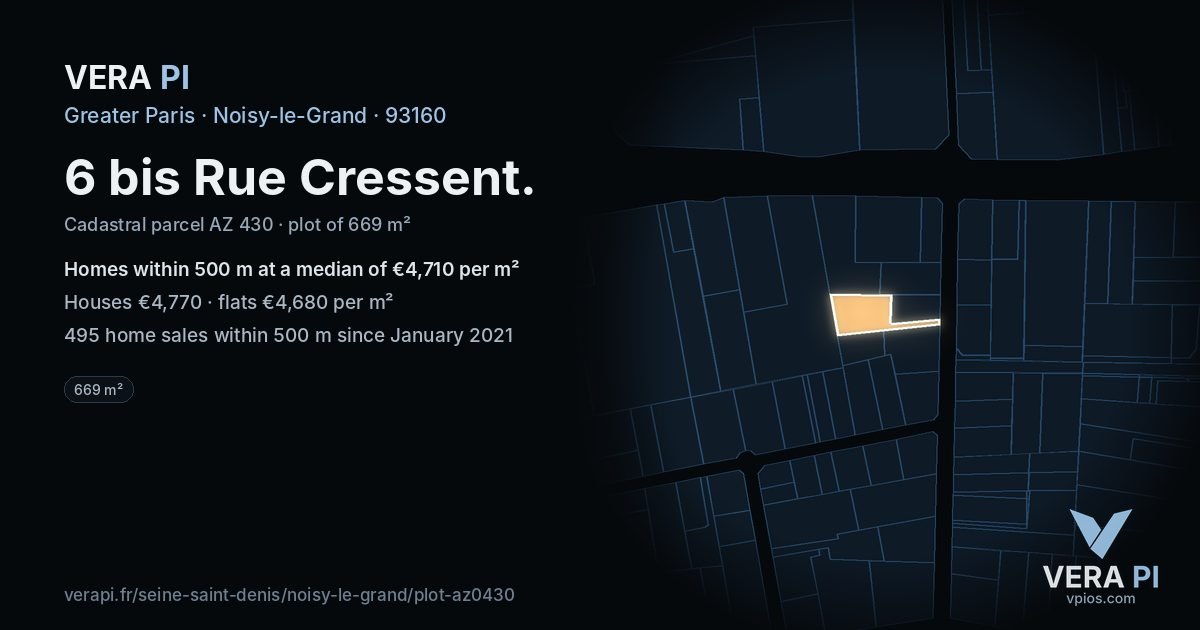 6 bis Rue Cressent, Noisy-le-Grand at night – the plot lit, the parcels around coloured by the prices near them