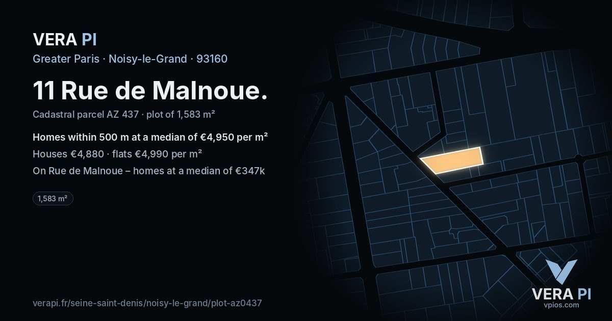 11 Rue de Malnoue, Noisy-le-Grand at night – the plot lit, the parcels around coloured by the prices near them