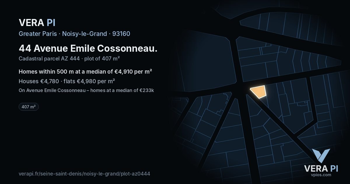 44 Avenue Emile Cossonneau, Noisy-le-Grand at night – the plot lit, the parcels around coloured by the prices near them