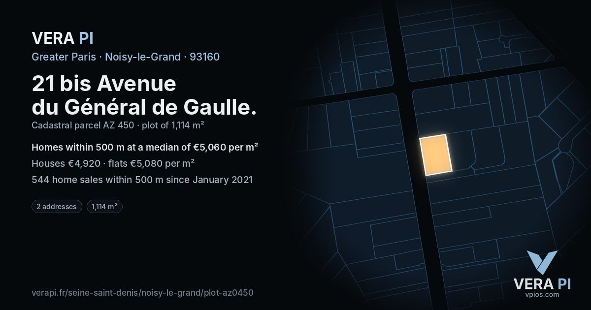 21 bis Avenue du Général de Gaulle, Noisy-le-Grand at night – the plot lit, the parcels around coloured by the prices near them