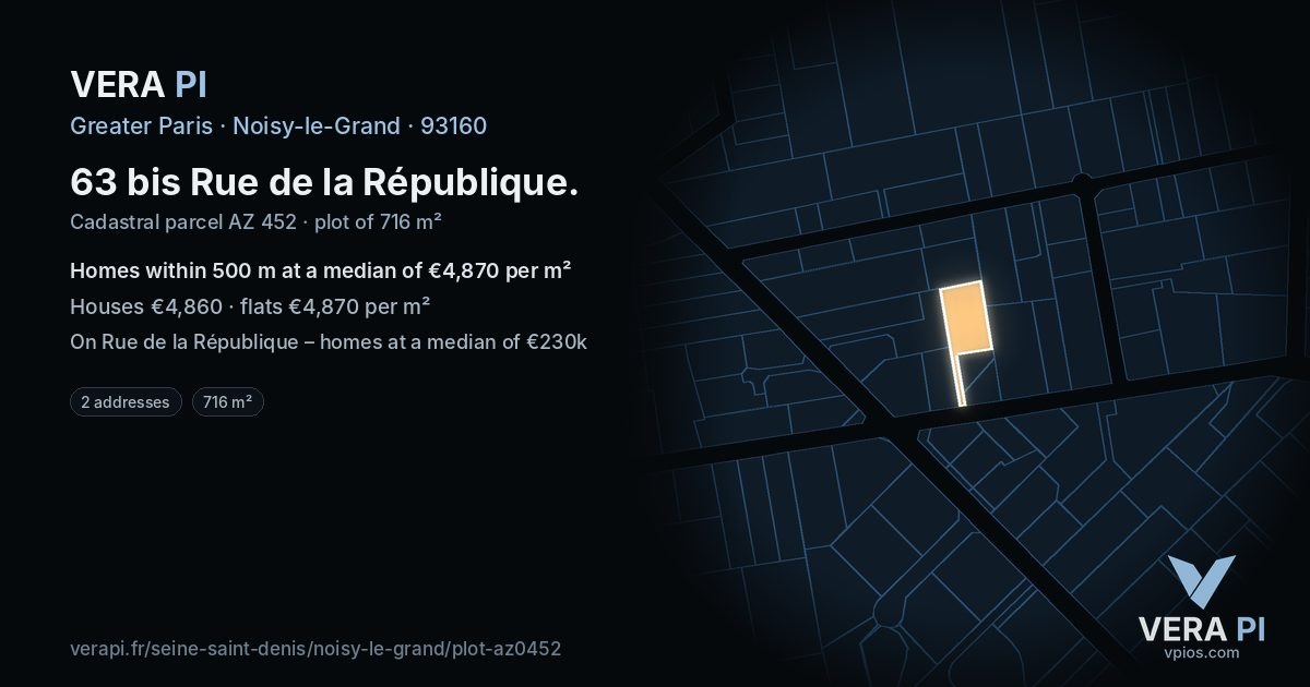 63 bis Rue de la République, Noisy-le-Grand at night – the plot lit, the parcels around coloured by the prices near them