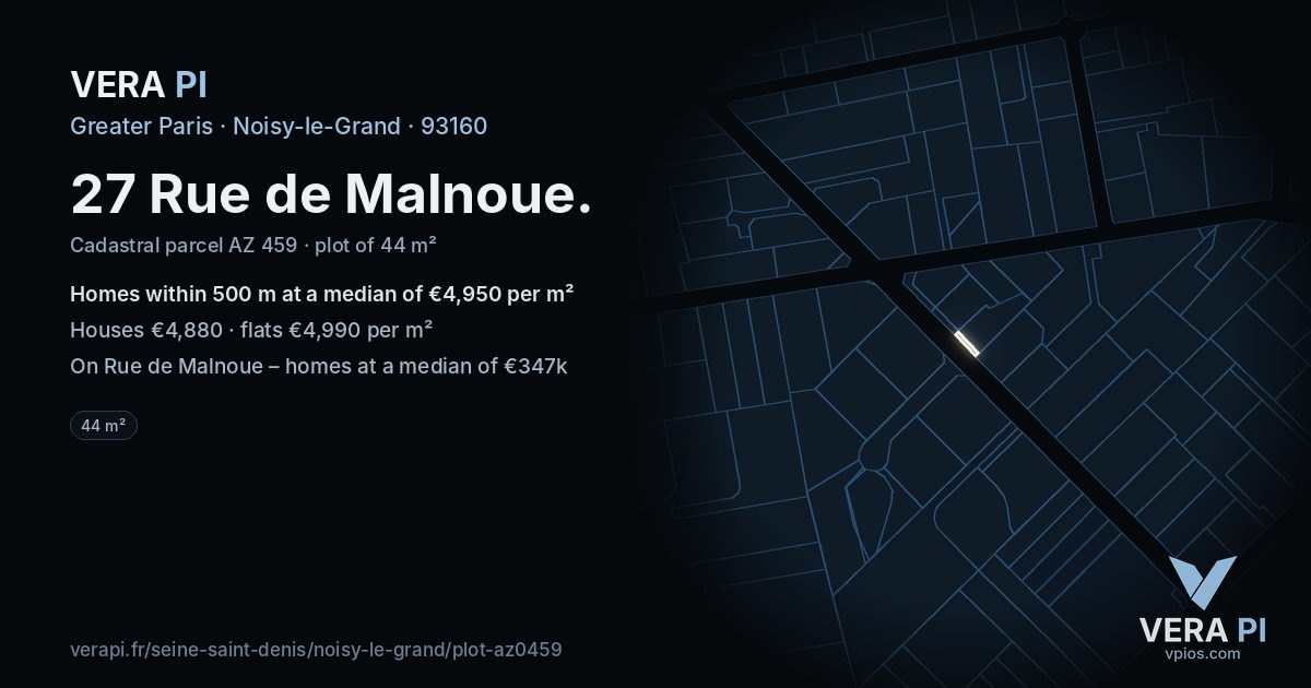 27 Rue de Malnoue, Noisy-le-Grand at night – the plot lit, the parcels around coloured by the prices near them