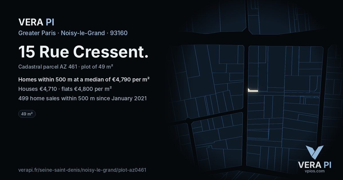 15 Rue Cressent, Noisy-le-Grand at night – the plot lit, the parcels around coloured by the prices near them