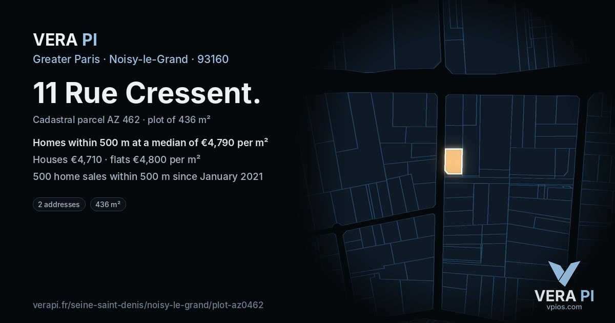 11 Rue Cressent, Noisy-le-Grand at night – the plot lit, the parcels around coloured by the prices near them