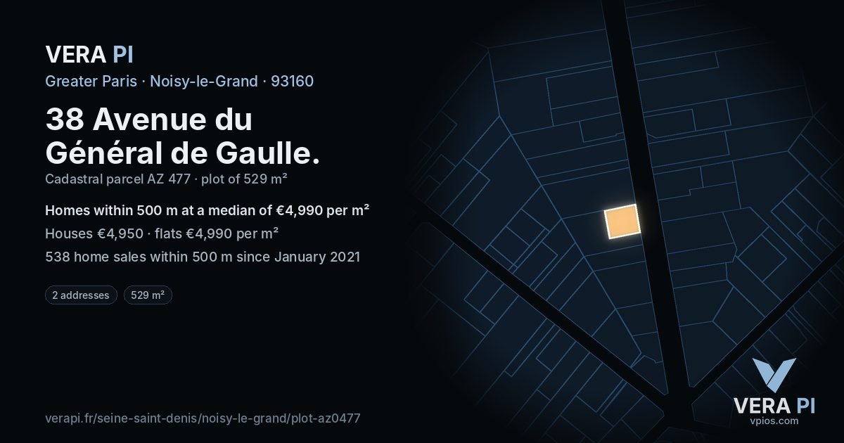 38 Avenue du Général de Gaulle, Noisy-le-Grand at night – the plot lit, the parcels around coloured by the prices near them