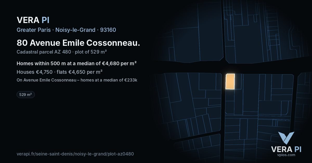 80 Avenue Emile Cossonneau, Noisy-le-Grand at night – the plot lit, the parcels around coloured by the prices near them