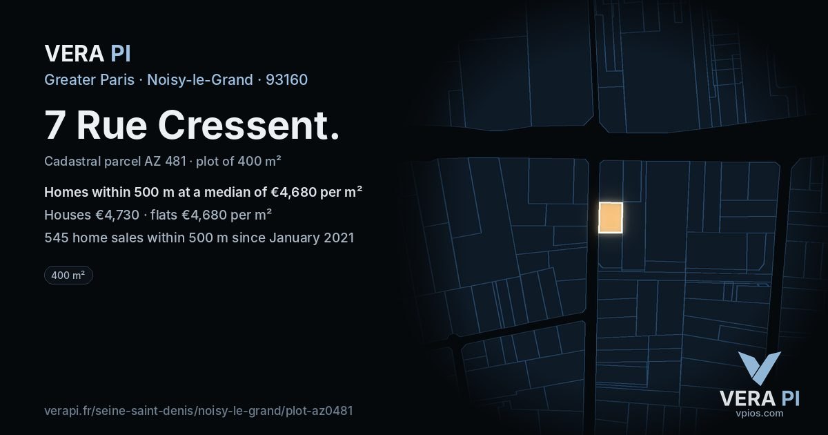 7 Rue Cressent, Noisy-le-Grand at night – the plot lit, the parcels around coloured by the prices near them