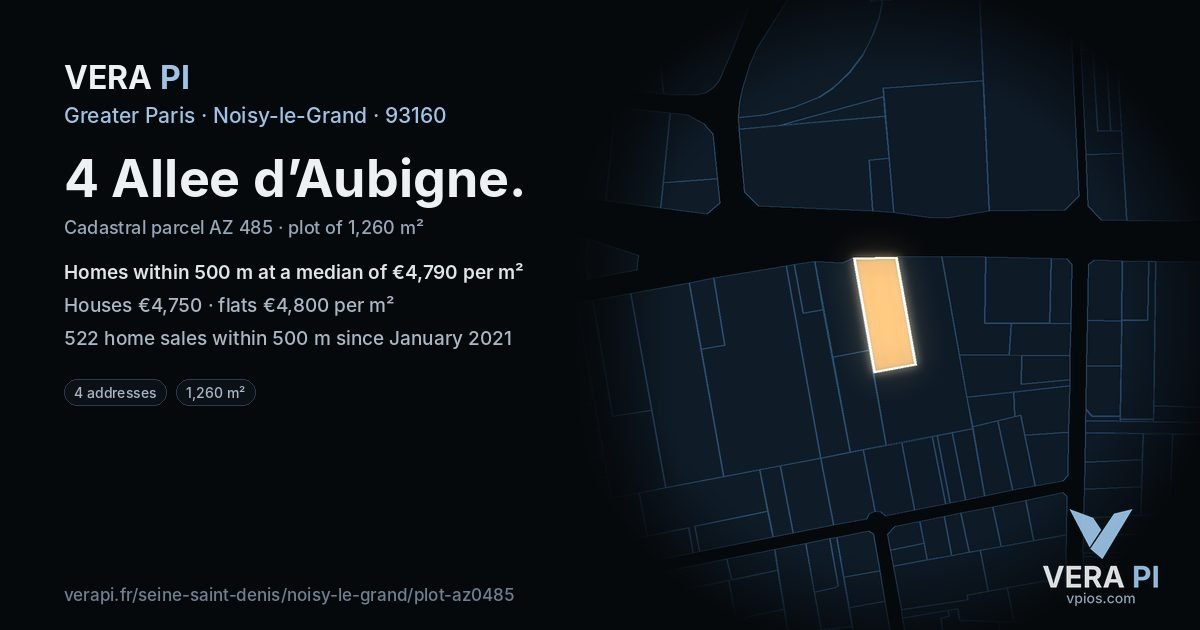 4 Allee d’Aubigne, Noisy-le-Grand at night – the plot lit, the parcels around coloured by the prices near them
