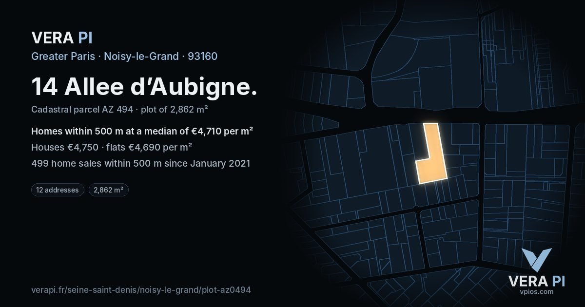 14 Allee d’Aubigne, Noisy-le-Grand at night – the plot lit, the parcels around coloured by the prices near them