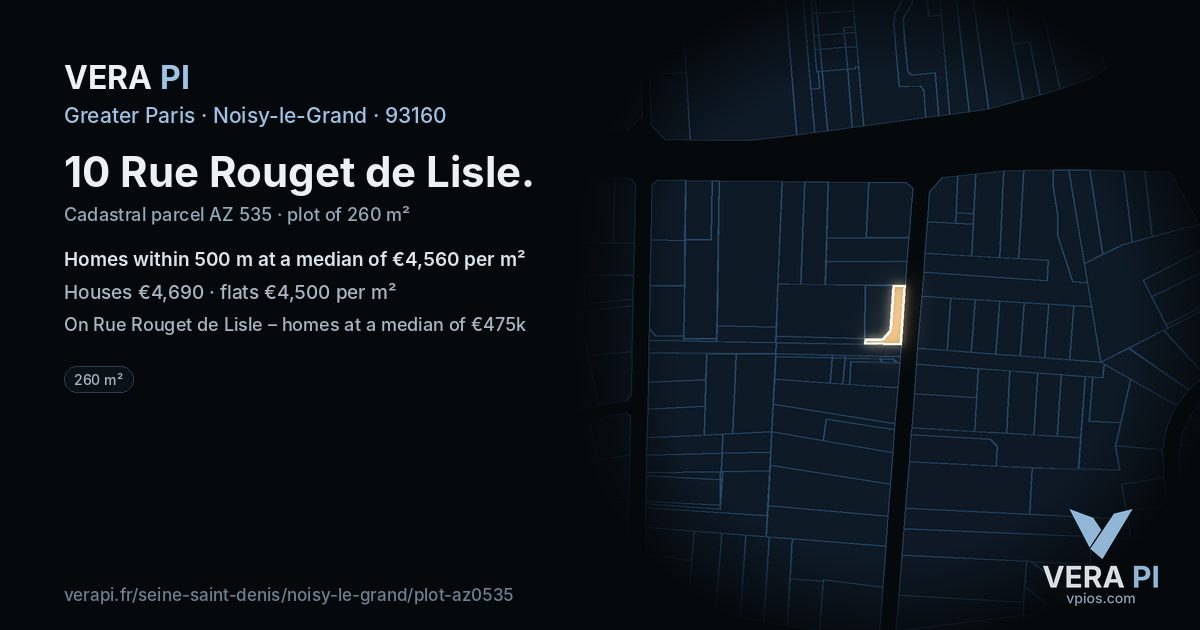 10 Rue Rouget de Lisle, Noisy-le-Grand at night – the plot lit, the parcels around coloured by the prices near them