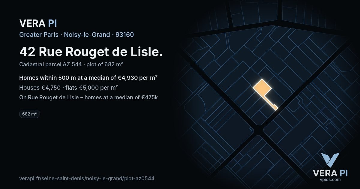 42 Rue Rouget de Lisle, Noisy-le-Grand at night – the plot lit, the parcels around coloured by the prices near them