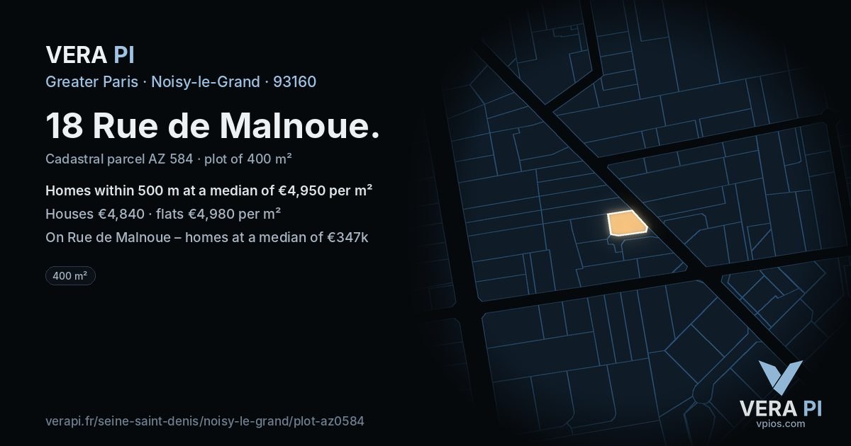 18 Rue de Malnoue, Noisy-le-Grand at night – the plot lit, the parcels around coloured by the prices near them