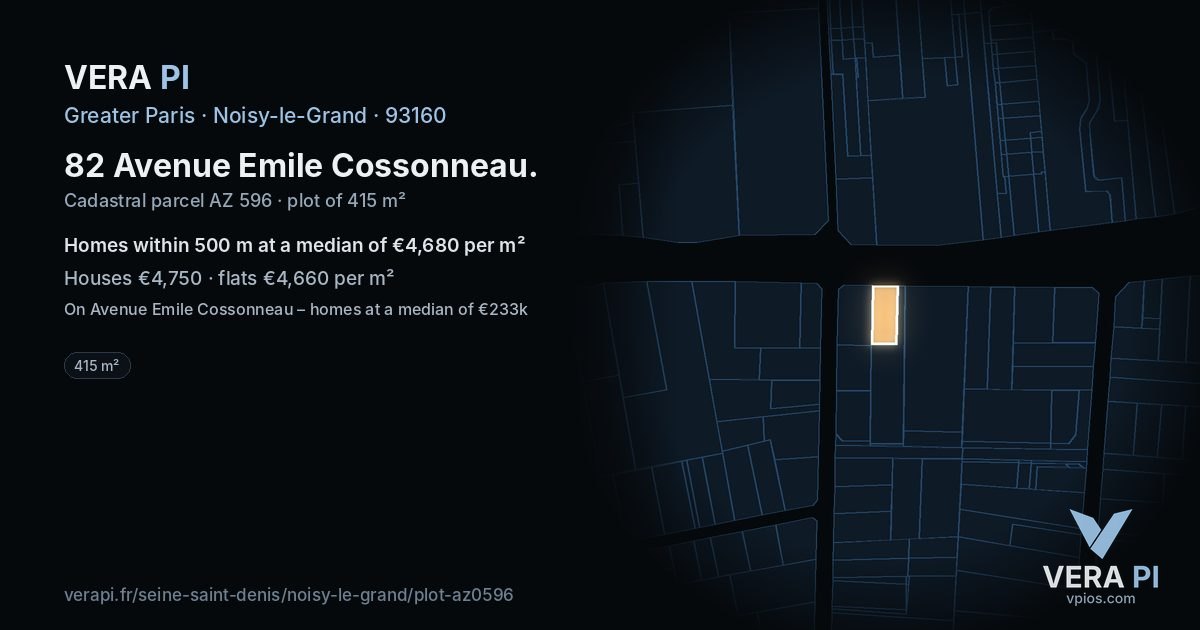 82 Avenue Emile Cossonneau, Noisy-le-Grand at night – the plot lit, the parcels around coloured by the prices near them