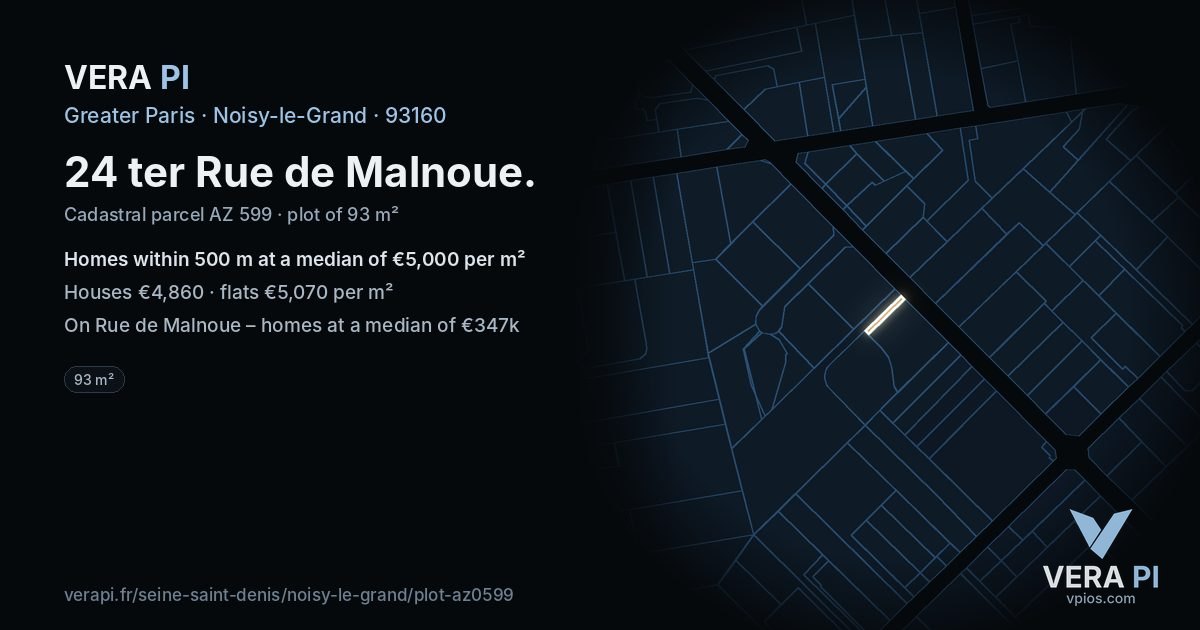 24 ter Rue de Malnoue, Noisy-le-Grand at night – the plot lit, the parcels around coloured by the prices near them