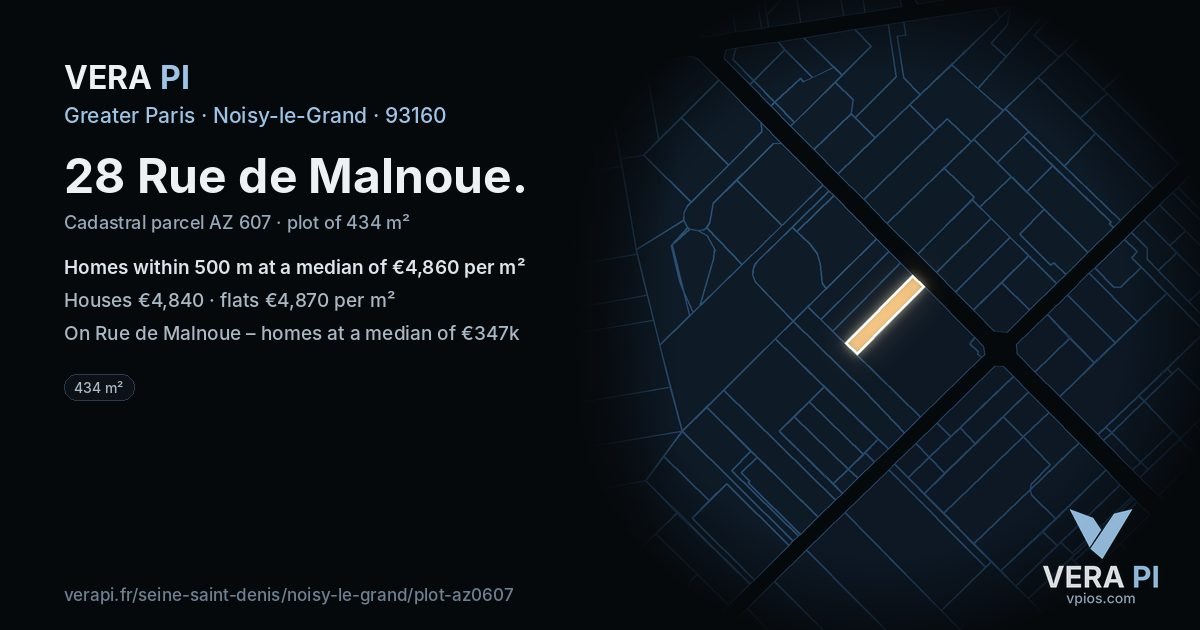 28 Rue de Malnoue, Noisy-le-Grand at night – the plot lit, the parcels around coloured by the prices near them
