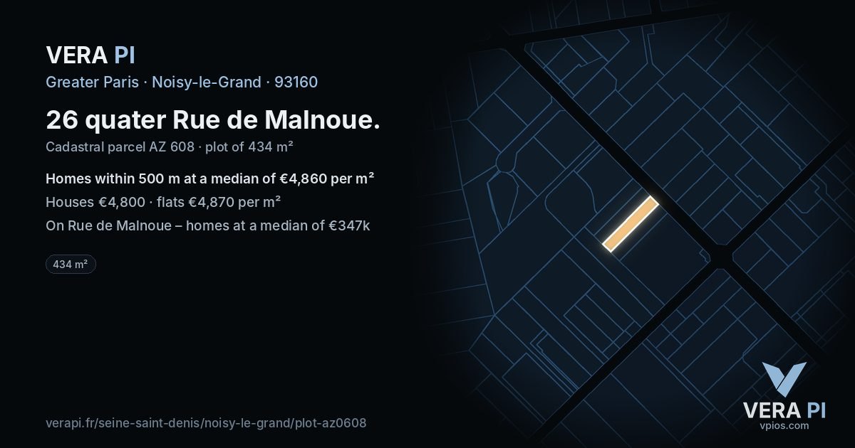 26 quater Rue de Malnoue, Noisy-le-Grand at night – the plot lit, the parcels around coloured by the prices near them