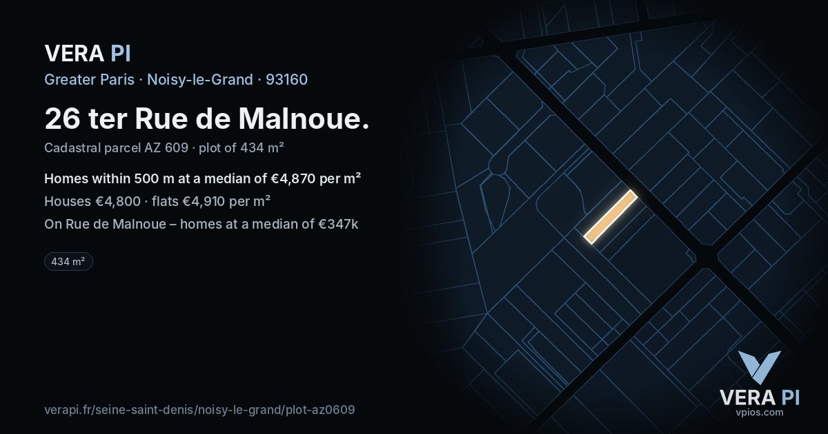 26 ter Rue de Malnoue, Noisy-le-Grand at night – the plot lit, the parcels around coloured by the prices near them
