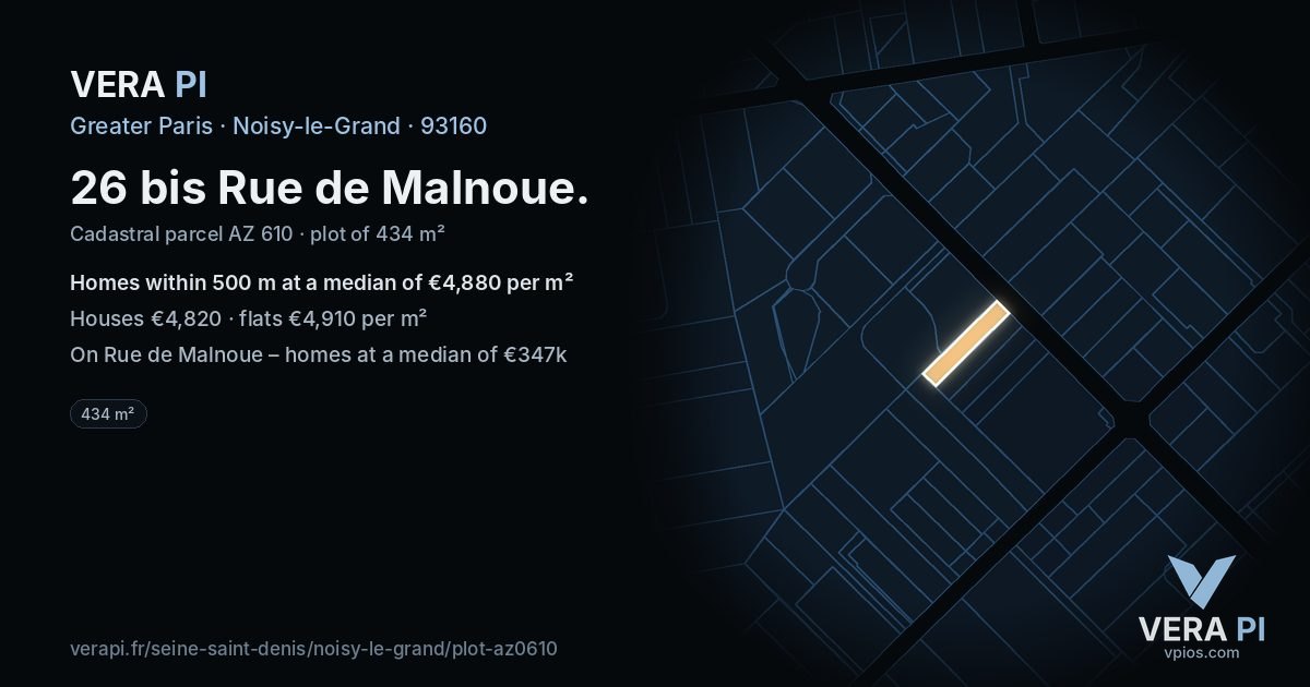 26 bis Rue de Malnoue, Noisy-le-Grand at night – the plot lit, the parcels around coloured by the prices near them