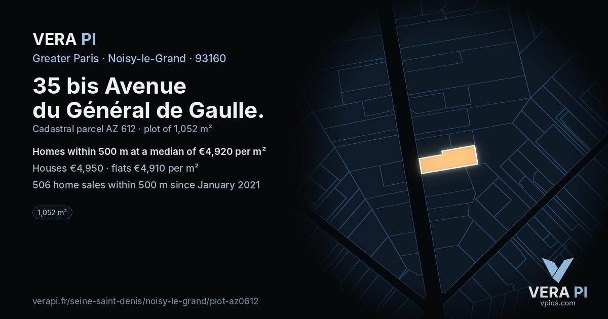 35 bis Avenue du Général de Gaulle, Noisy-le-Grand at night – the plot lit, the parcels around coloured by the prices near them