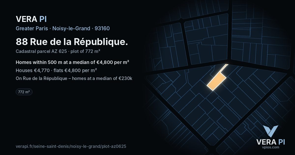 88 Rue de la République, Noisy-le-Grand at night – the plot lit, the parcels around coloured by the prices near them