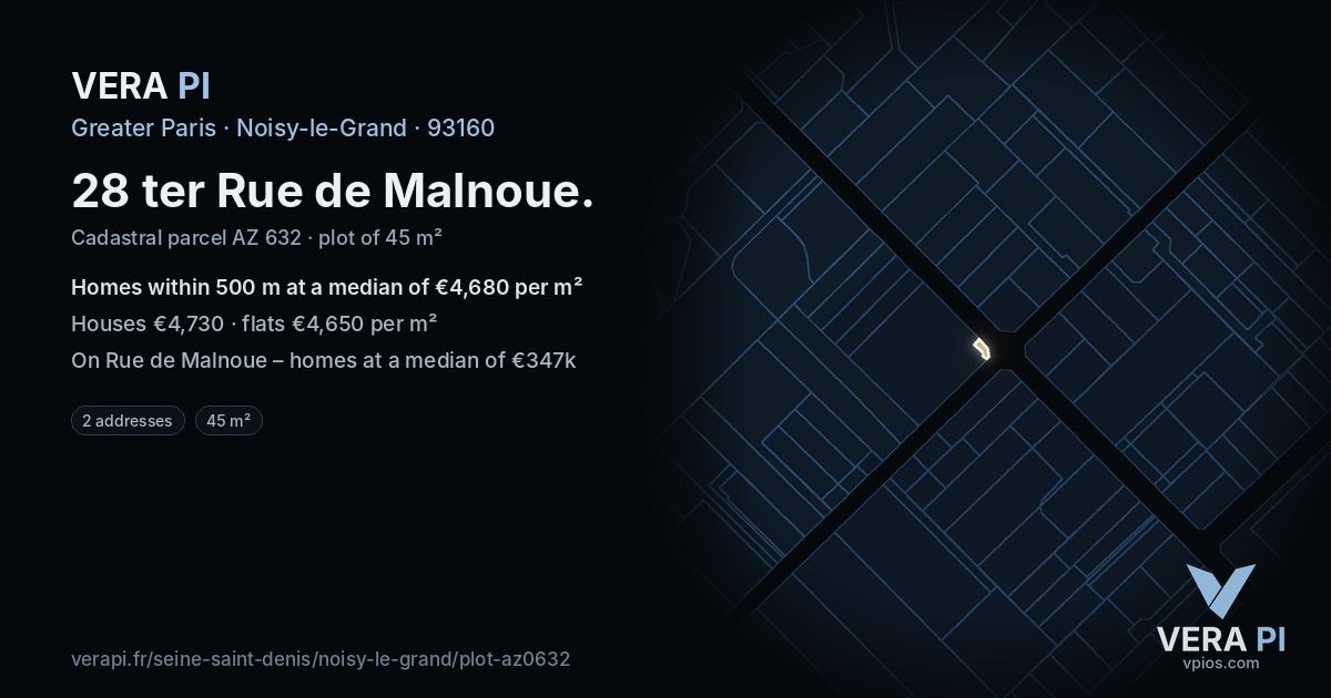 28 ter Rue de Malnoue, Noisy-le-Grand at night – the plot lit, the parcels around coloured by the prices near them