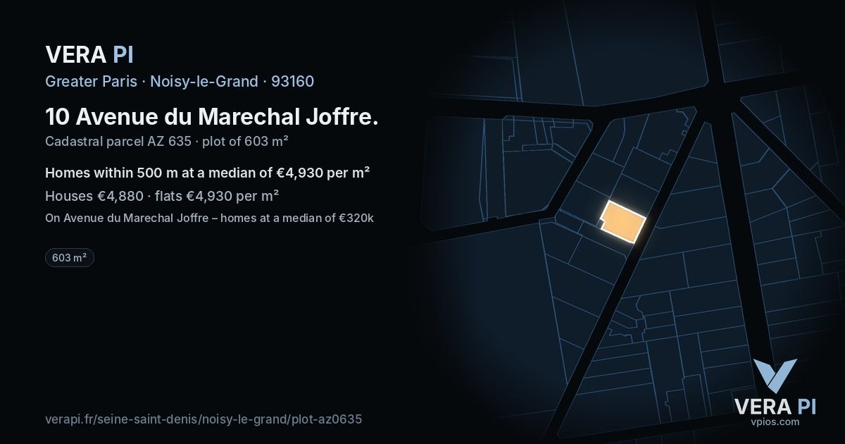 10 Avenue du Marechal Joffre, Noisy-le-Grand at night – the plot lit, the parcels around coloured by the prices near them