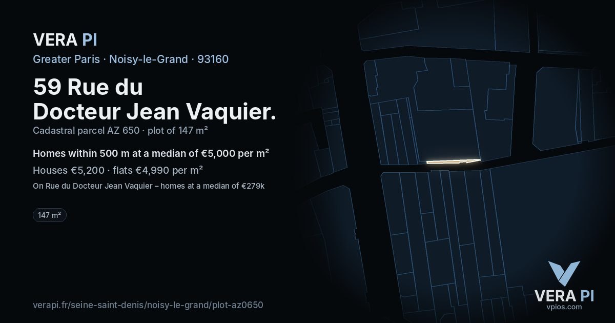 59 Rue du Docteur Jean Vaquier, Noisy-le-Grand at night – the plot lit, the parcels around coloured by the prices near them