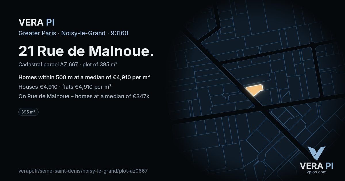 21 Rue de Malnoue, Noisy-le-Grand at night – the plot lit, the parcels around coloured by the prices near them