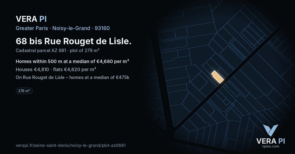 68 bis Rue Rouget de Lisle, Noisy-le-Grand at night – the plot lit, the parcels around coloured by the prices near them