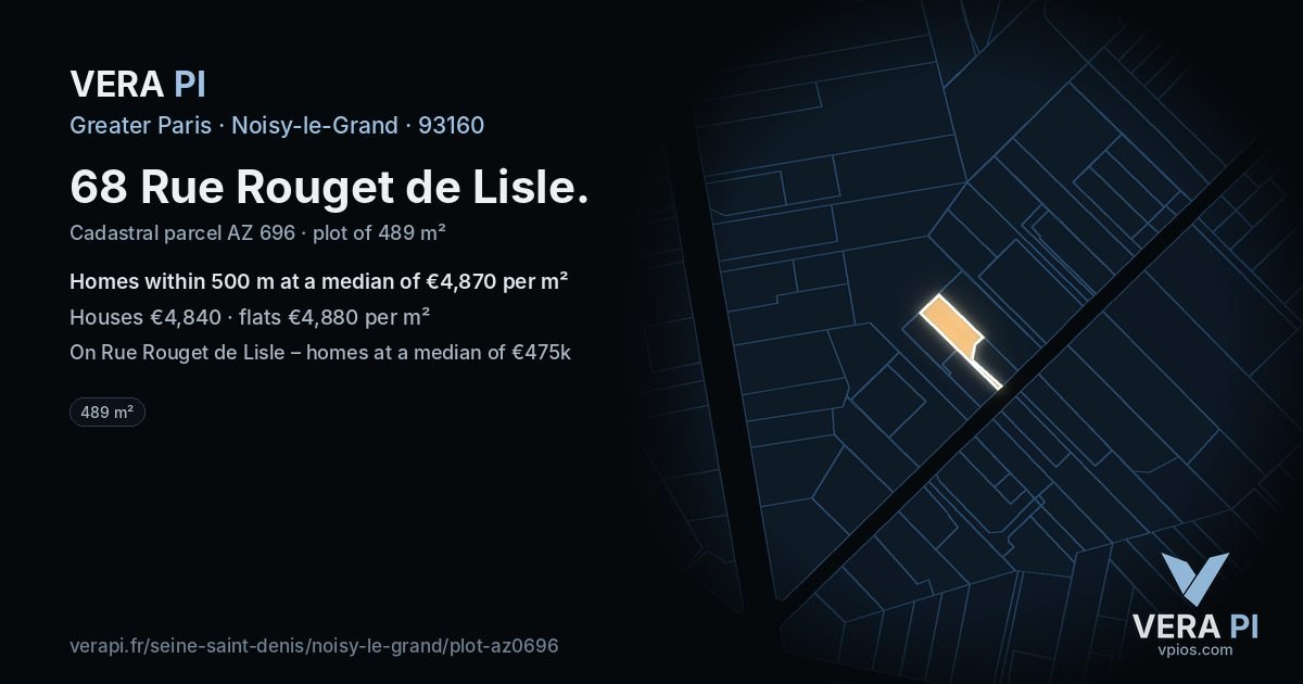 68 Rue Rouget de Lisle, Noisy-le-Grand at night – the plot lit, the parcels around coloured by the prices near them