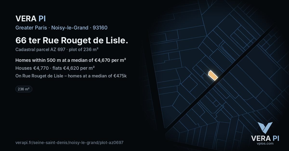 66 ter Rue Rouget de Lisle, Noisy-le-Grand at night – the plot lit, the parcels around coloured by the prices near them