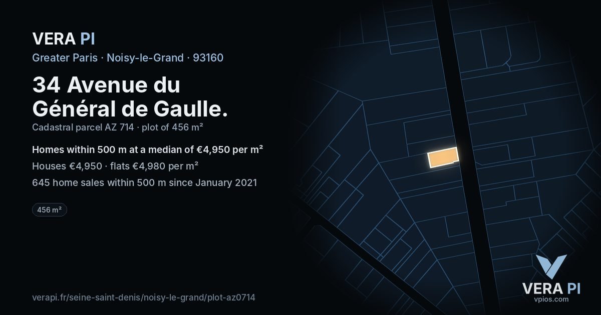 34 Avenue du Général de Gaulle, Noisy-le-Grand at night – the plot lit, the parcels around coloured by the prices near them