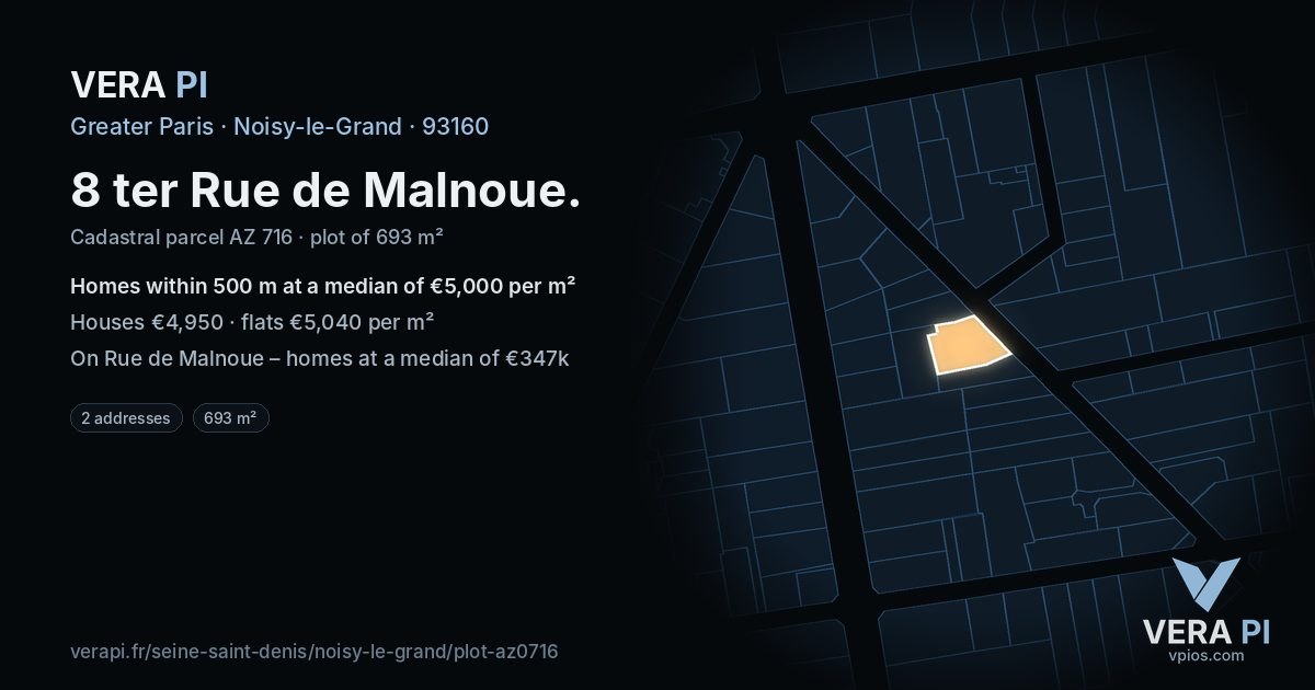 8 ter Rue de Malnoue, Noisy-le-Grand at night – the plot lit, the parcels around coloured by the prices near them