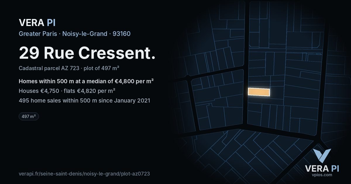 29 Rue Cressent, Noisy-le-Grand at night – the plot lit, the parcels around coloured by the prices near them