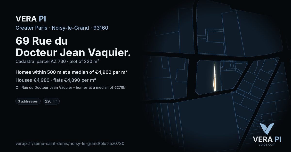 69 Rue du Docteur Jean Vaquier, Noisy-le-Grand at night – the plot lit, the parcels around coloured by the prices near them