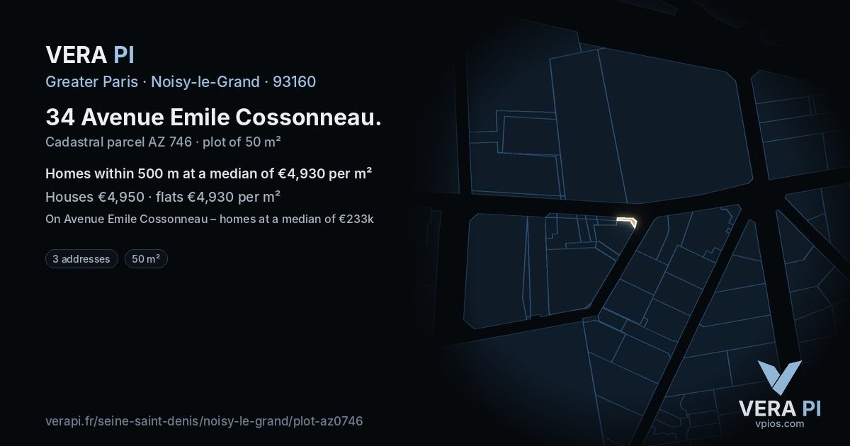 34 Avenue Emile Cossonneau, Noisy-le-Grand at night – the plot lit, the parcels around coloured by the prices near them