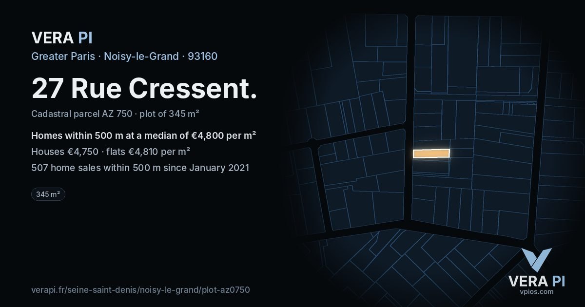27 Rue Cressent, Noisy-le-Grand at night – the plot lit, the parcels around coloured by the prices near them