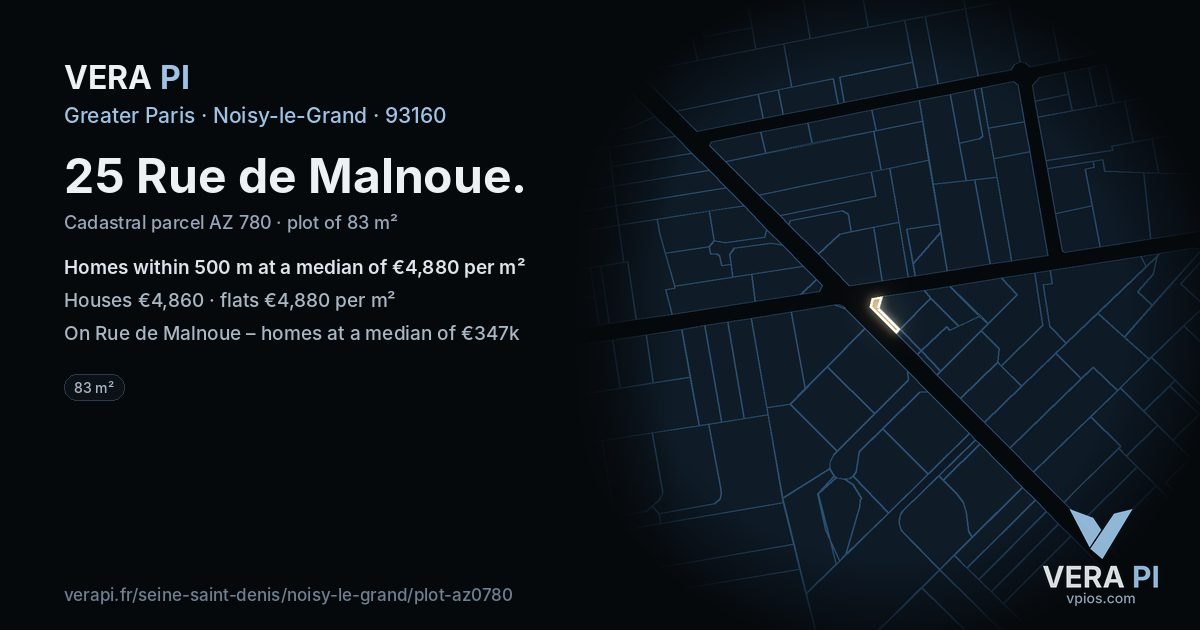 25 Rue de Malnoue, Noisy-le-Grand at night – the plot lit, the parcels around coloured by the prices near them