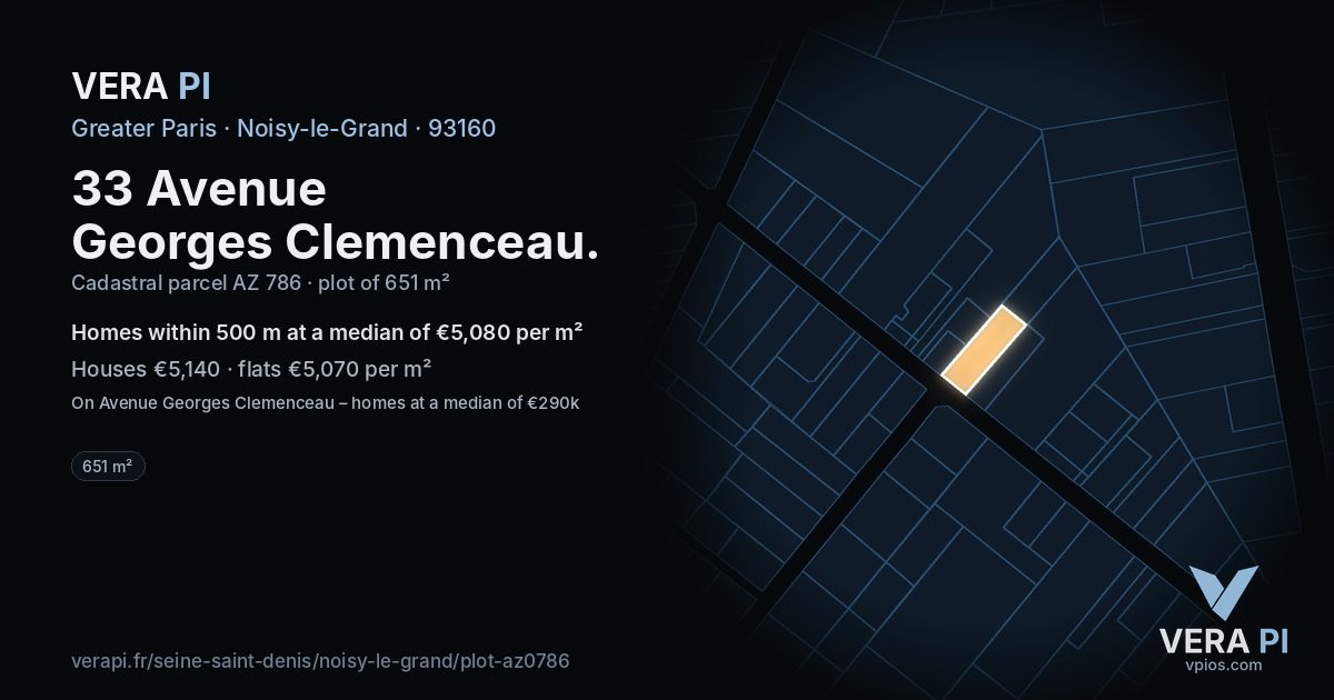33 Avenue Georges Clemenceau, Noisy-le-Grand at night – the plot lit, the parcels around coloured by the prices near them