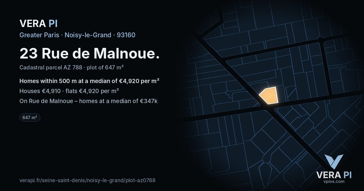 23 Rue de Malnoue, Noisy-le-Grand at night – the plot lit, the parcels around coloured by the prices near them