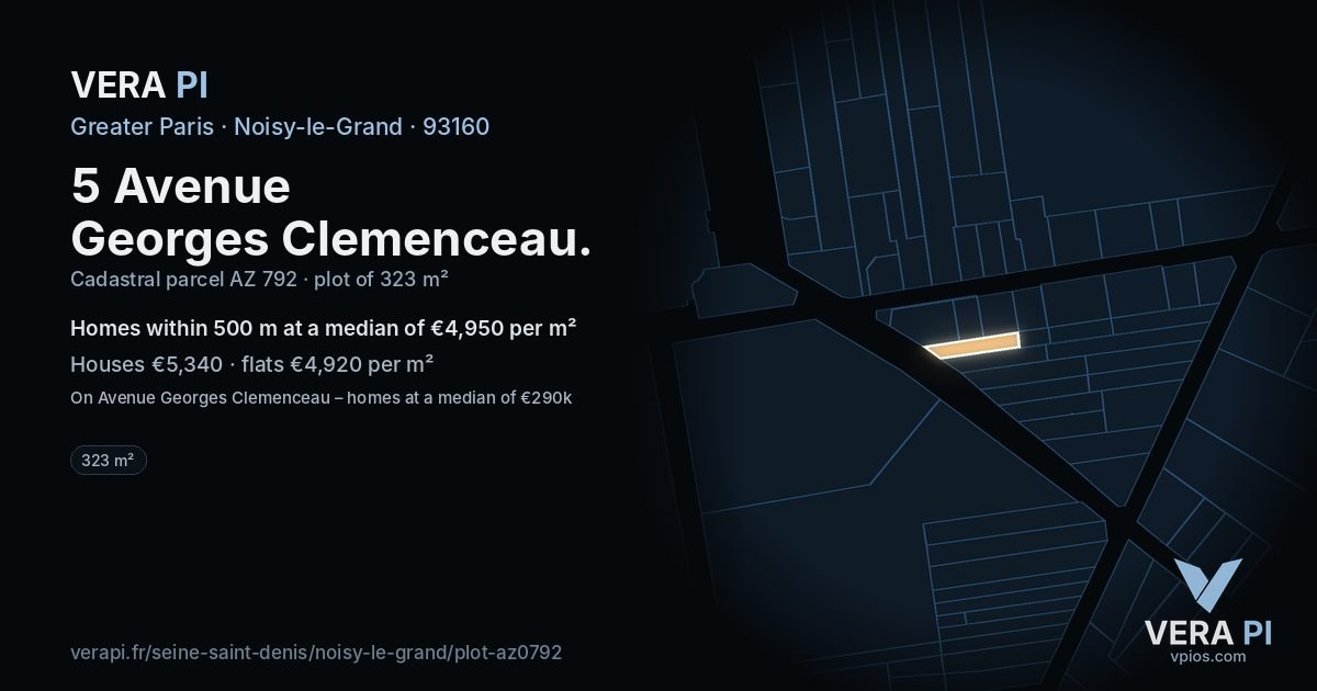 5 Avenue Georges Clemenceau, Noisy-le-Grand at night – the plot lit, the parcels around coloured by the prices near them
