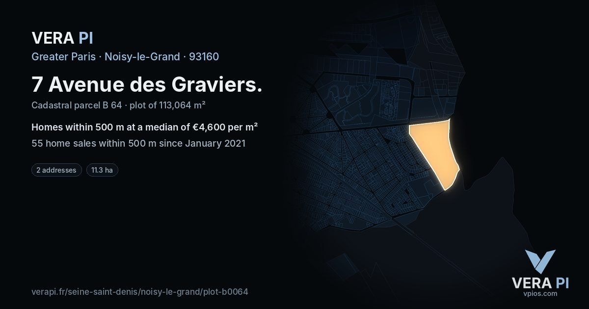 7 Avenue des Graviers, Noisy-le-Grand at night – the plot lit, the parcels around coloured by the prices near them