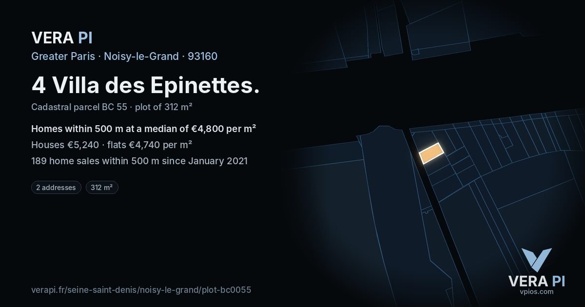 4 Villa des Epinettes, Noisy-le-Grand at night – the plot lit, the parcels around coloured by the prices near them
